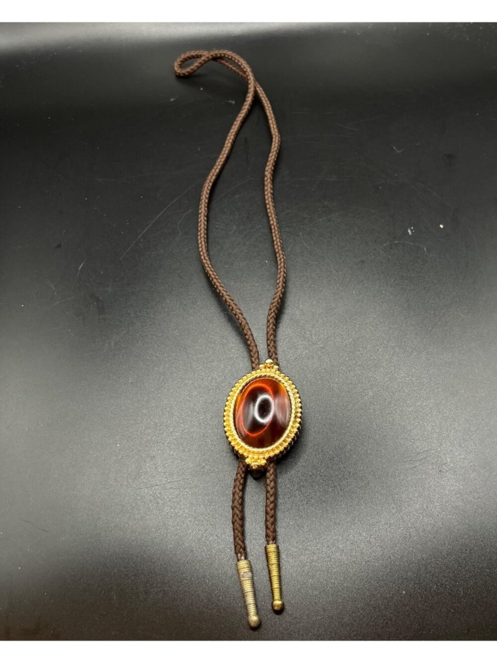 Vintage Brown Braided Bolo Tie Gold-Tone Oval Beaded Slider amber colored stone